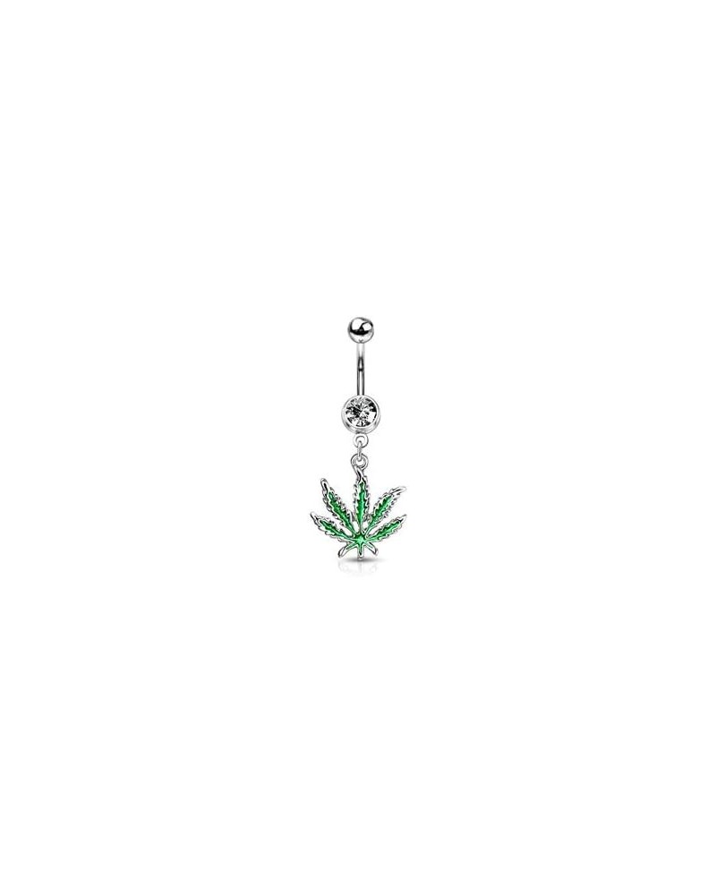 Silver 316L Belly Dangle Accented with Marijuana Leaf with CZ Stone $7.25 Body Jewelry