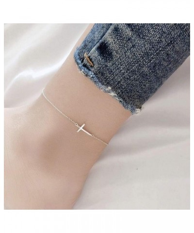 Cross Anklets for Women Teen Girls Men 925 Sterling Silver White Gold Plated Sideways Cross Adjustable Chain Classic Dainty C...