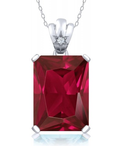 925 Sterling Silver Red Created Ruby and White Topaz Pendant Necklace For Women (20.03 Cttw, Emerald Cut 18X13MM, with 18 Inc...