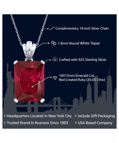 925 Sterling Silver Red Created Ruby and White Topaz Pendant Necklace For Women (20.03 Cttw, Emerald Cut 18X13MM, with 18 Inc...