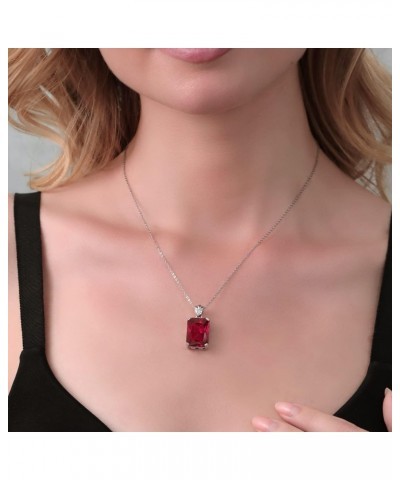 925 Sterling Silver Red Created Ruby and White Topaz Pendant Necklace For Women (20.03 Cttw, Emerald Cut 18X13MM, with 18 Inc...