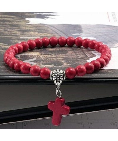 6mm Bead Cross Pendant Bracelet for Women Healing Stone Stretch Prayer Bracelet for Boy Girls,with Gift Box Red Turquoise $7....