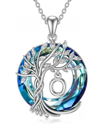 Tree of Life Initial Necklace for Women, 925 Sterling Silver Letter A to Z Initial Pendant Necklaces with Blue Circle Crystal...