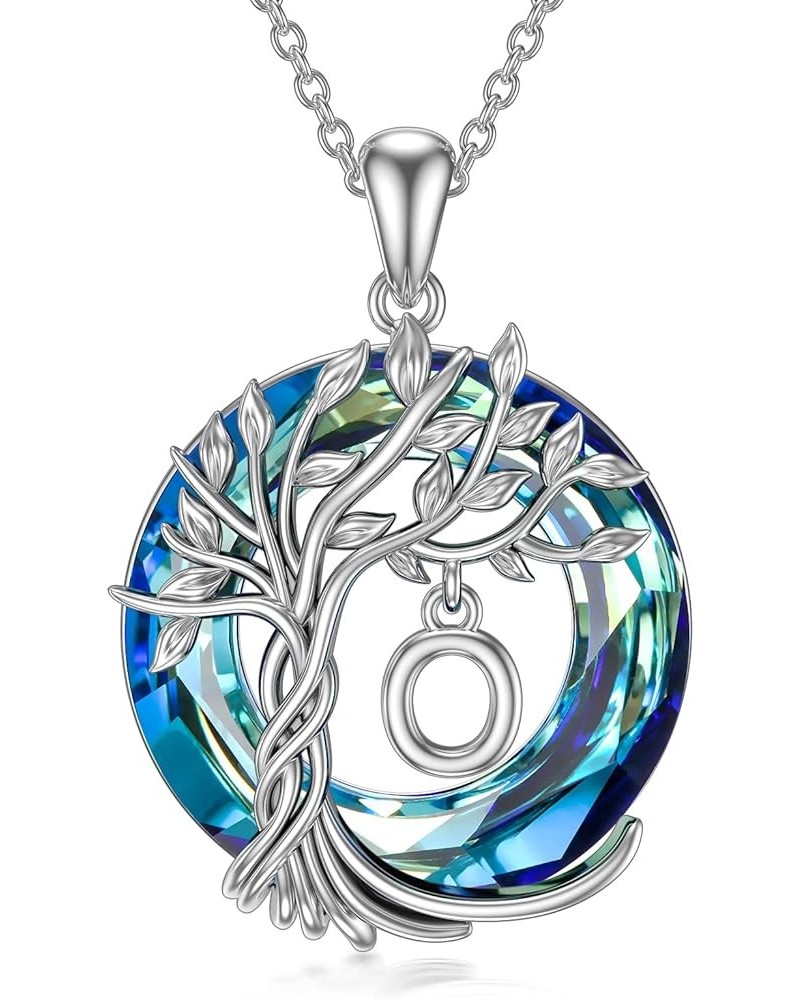 Tree of Life Initial Necklace for Women, 925 Sterling Silver Letter A to Z Initial Pendant Necklaces with Blue Circle Crystal...