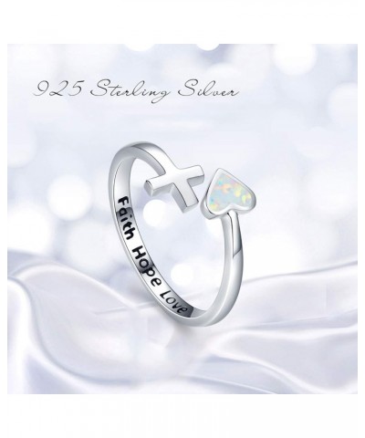 S925 Sterling Silver Love Heart Ring Engraved Faith Hope Love Blue/White Open Adjustable Opal Wrap Rings Inspirational Jewelr...