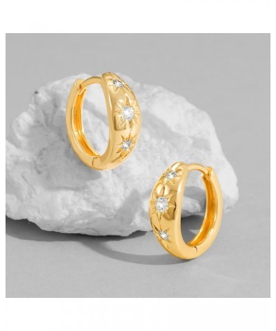 Dainty CZ Huggie Hoop Earrings 14K Gold Plated Chunky Simple Cute Thick Round Frill Bead Ball Starburst Cuff Earrings Cubic Z...