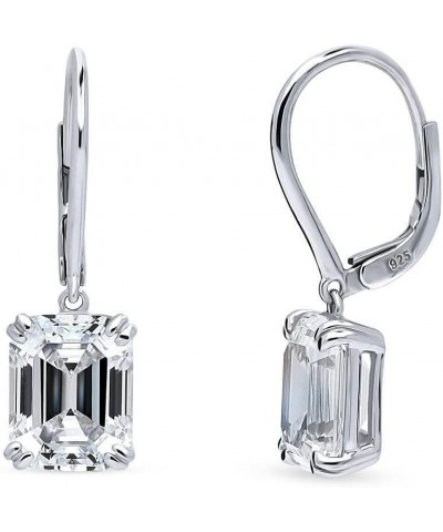 Sterling Silver Solitaire 7.6 Carat Emerald Cut Cubic Zirconia CZ Anniversary Leverback Dangle Drop Earrings for Women Rhodiu...