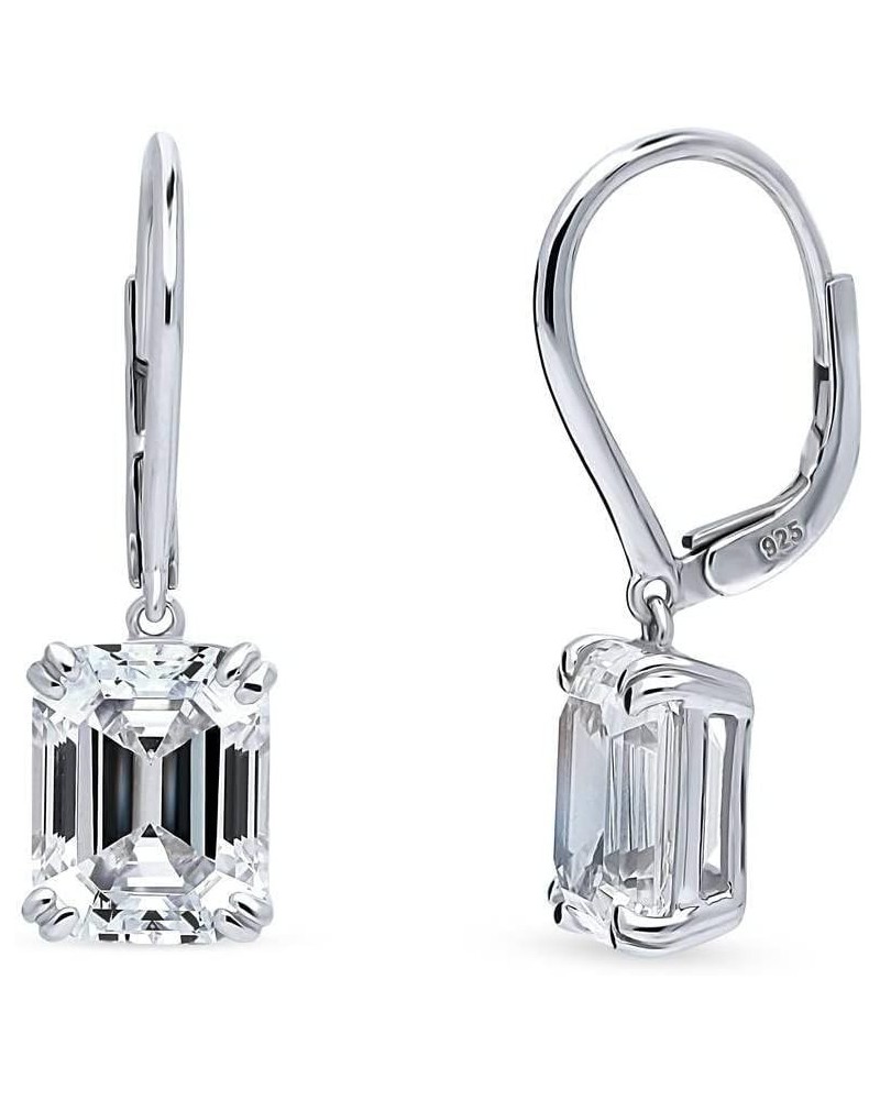 Sterling Silver Solitaire 7.6 Carat Emerald Cut Cubic Zirconia CZ Anniversary Leverback Dangle Drop Earrings for Women Rhodiu...