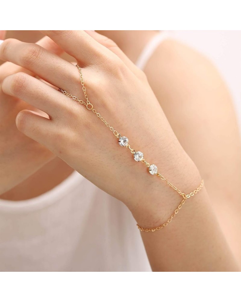 Crystal Hand Chain Rhinestone Finger Ring Bracelets Slave Bracelet for Women and Girls Gold $7.64 Bracelets