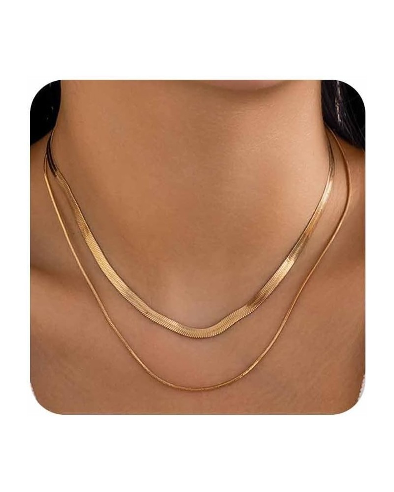 2PCS Herringbone Necklace for Women, Dainty 14K Gold Necklace for Women Layered Snake Chain Necklace Gold Plated Choker Neckl...