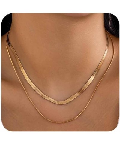 2PCS Herringbone Necklace for Women, Dainty 14K Gold Necklace for Women Layered Snake Chain Necklace Gold Plated Choker Neckl...