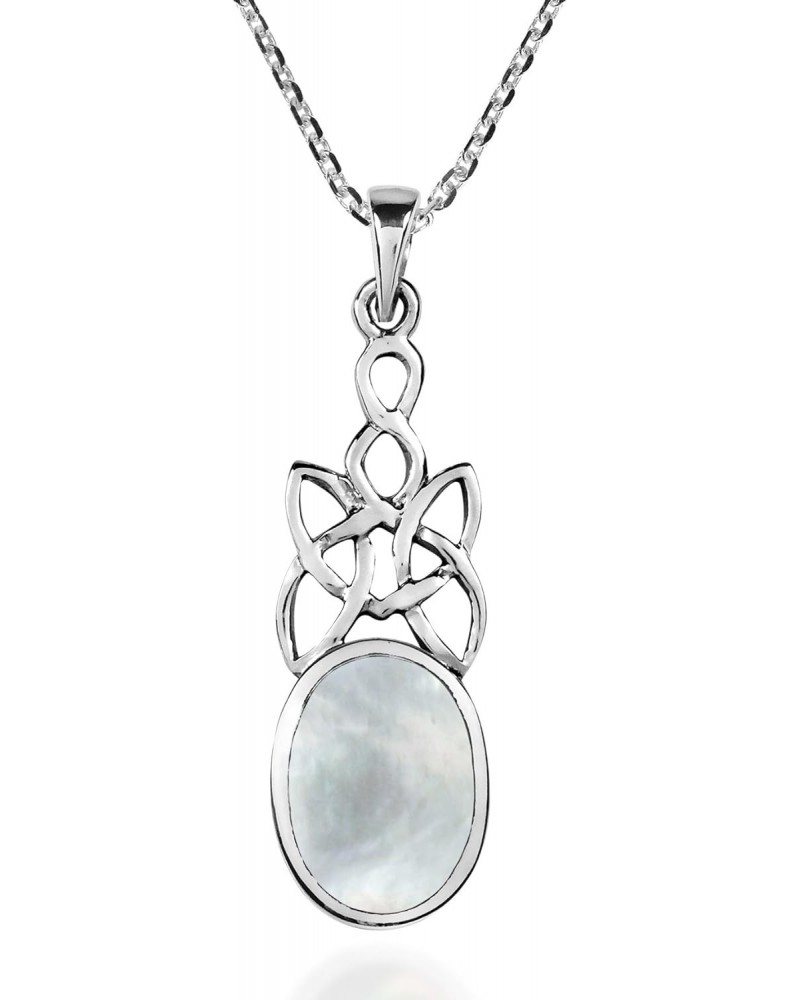 Celtic Knot Oval Drop White Mother of Pearl Inlay .925 Sterling Silver Pendant Necklace $9.27 Necklaces