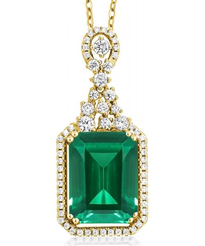 18K Yellow Gold Plated Silver Green Nano Emerald Pendant Necklace For Women (7.10 Cttw, Emerald Cut 14X10MM, with 18 Inch Cha...