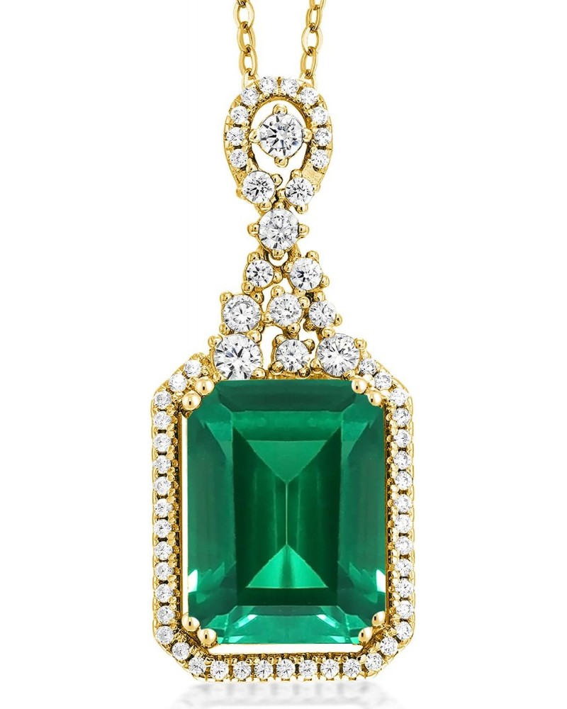 18K Yellow Gold Plated Silver Green Nano Emerald Pendant Necklace For Women (7.10 Cttw, Emerald Cut 14X10MM, with 18 Inch Cha...