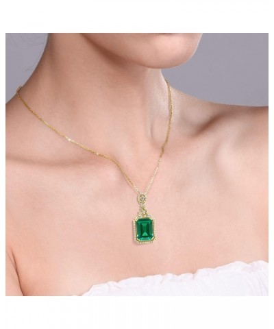 18K Yellow Gold Plated Silver Green Nano Emerald Pendant Necklace For Women (7.10 Cttw, Emerald Cut 14X10MM, with 18 Inch Cha...