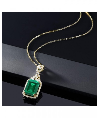 18K Yellow Gold Plated Silver Green Nano Emerald Pendant Necklace For Women (7.10 Cttw, Emerald Cut 14X10MM, with 18 Inch Cha...