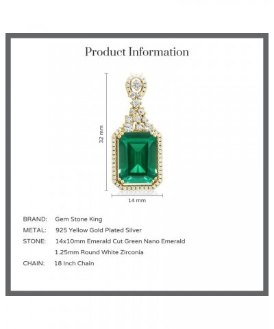 18K Yellow Gold Plated Silver Green Nano Emerald Pendant Necklace For Women (7.10 Cttw, Emerald Cut 14X10MM, with 18 Inch Cha...