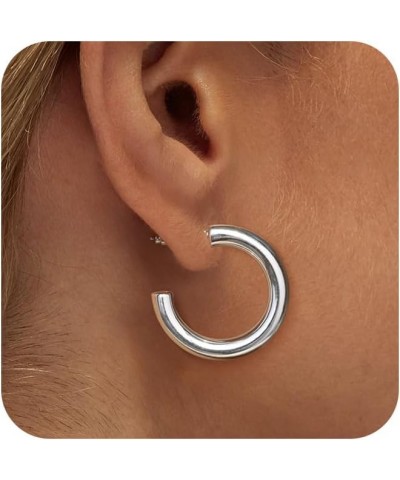 silver Hoop Earrings for Women Trendy Chunky Silver Earrings Cute Oval Large Earrings Huggie Thick Hoops Earrings Jewelry Set...