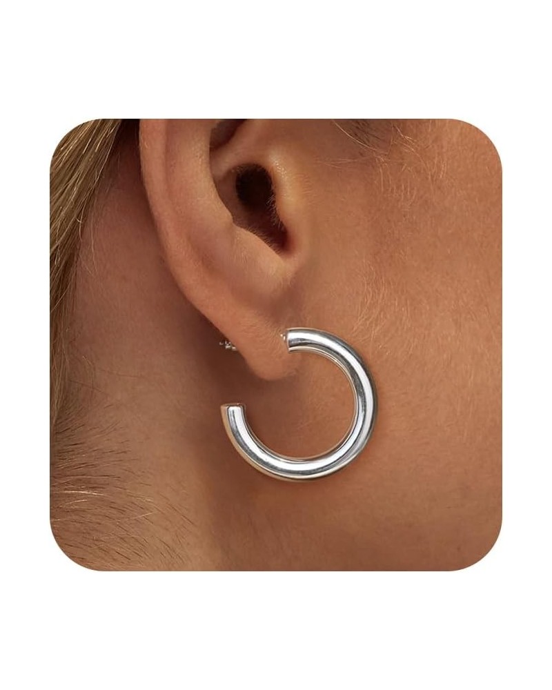 silver Hoop Earrings for Women Trendy Chunky Silver Earrings Cute Oval Large Earrings Huggie Thick Hoops Earrings Jewelry Set...