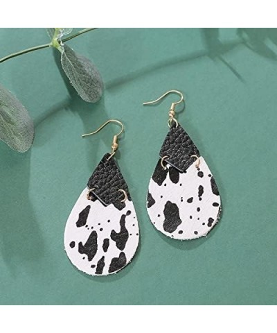 Faux Leather Cow Print Teardrop Leaf Drop Dangle Earrings Floral Hook Star Round for Women Girls Lightweight Handmade Aesthet...