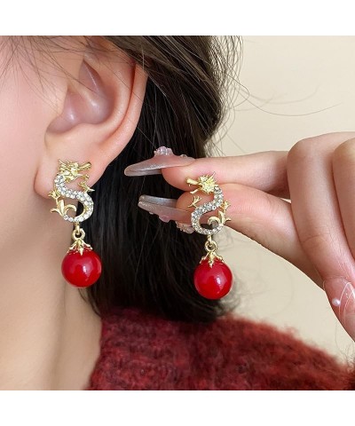 Dragon Hanging Bead Earrings, Chinese New Year Dragon Earrings，New Haute Sense Earing Fall/Winter 2024,Multi-Color Pearls Dro...