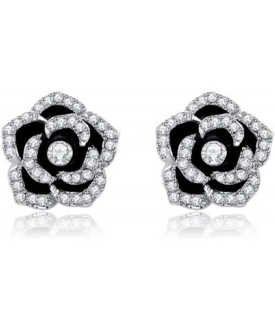 White Gold Plated Black Rose Flower CZ Stud Earrings Black $11.01 Earrings