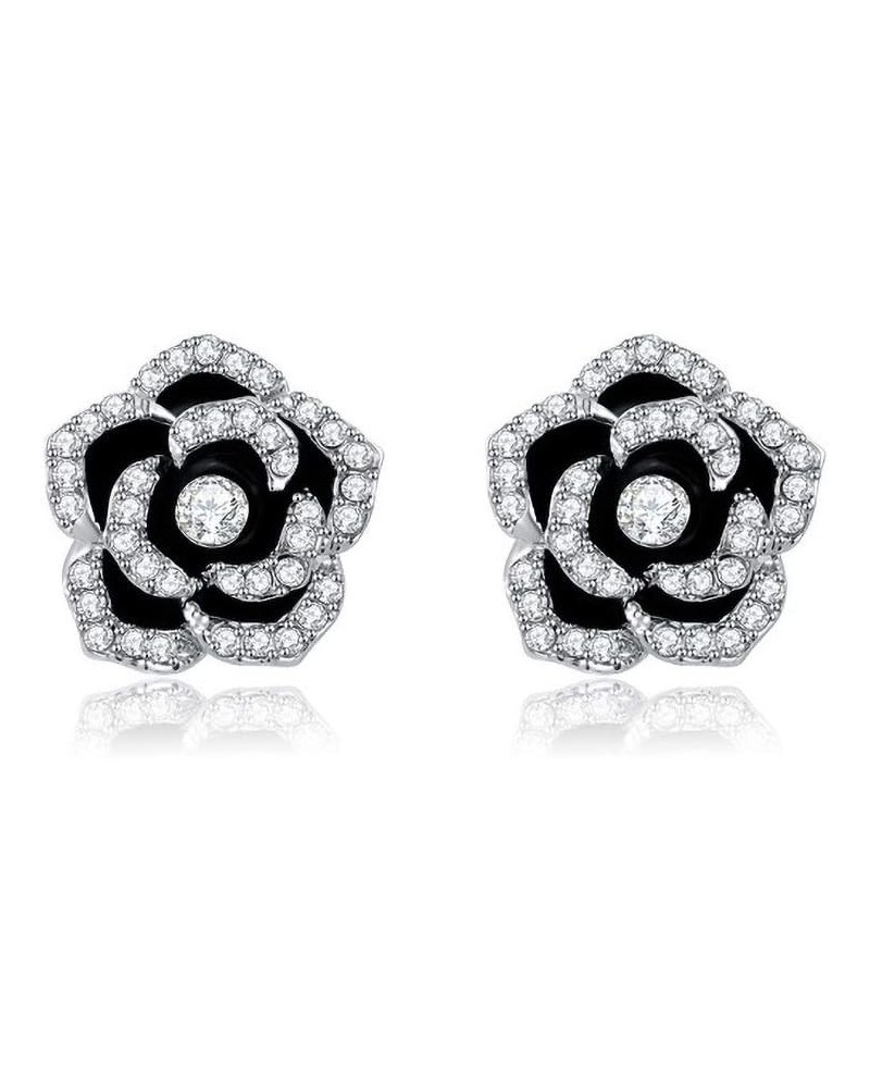 White Gold Plated Black Rose Flower CZ Stud Earrings Black $11.01 Earrings