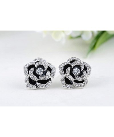 White Gold Plated Black Rose Flower CZ Stud Earrings Black $11.01 Earrings