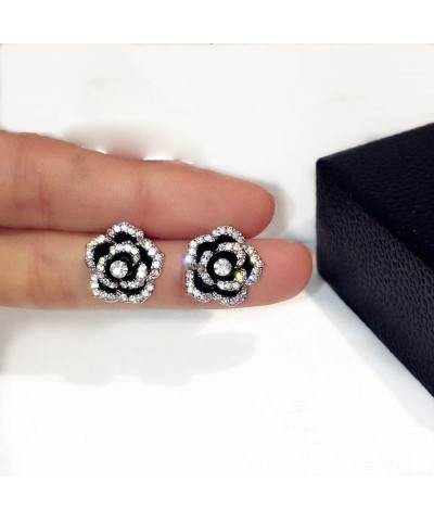 White Gold Plated Black Rose Flower CZ Stud Earrings Black $11.01 Earrings