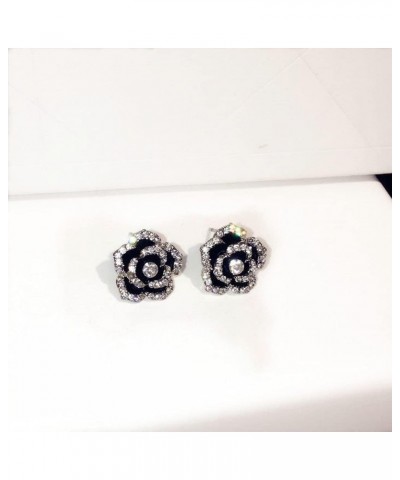 White Gold Plated Black Rose Flower CZ Stud Earrings Black $11.01 Earrings