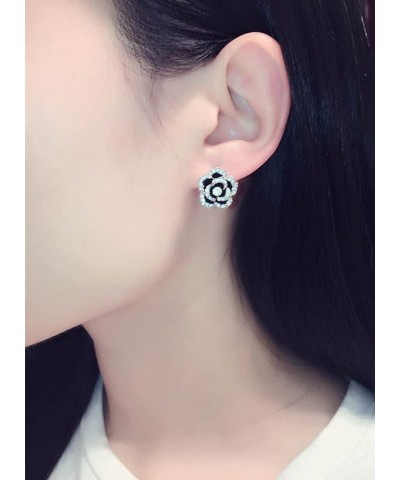 White Gold Plated Black Rose Flower CZ Stud Earrings Black $11.01 Earrings