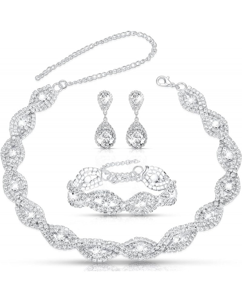 3 Pcs Women Crystal Jewelry Set Includes Bridal Wedding Rhinestone Choker Necklace Crystal Bracelets and Dangle Earrings Mode...