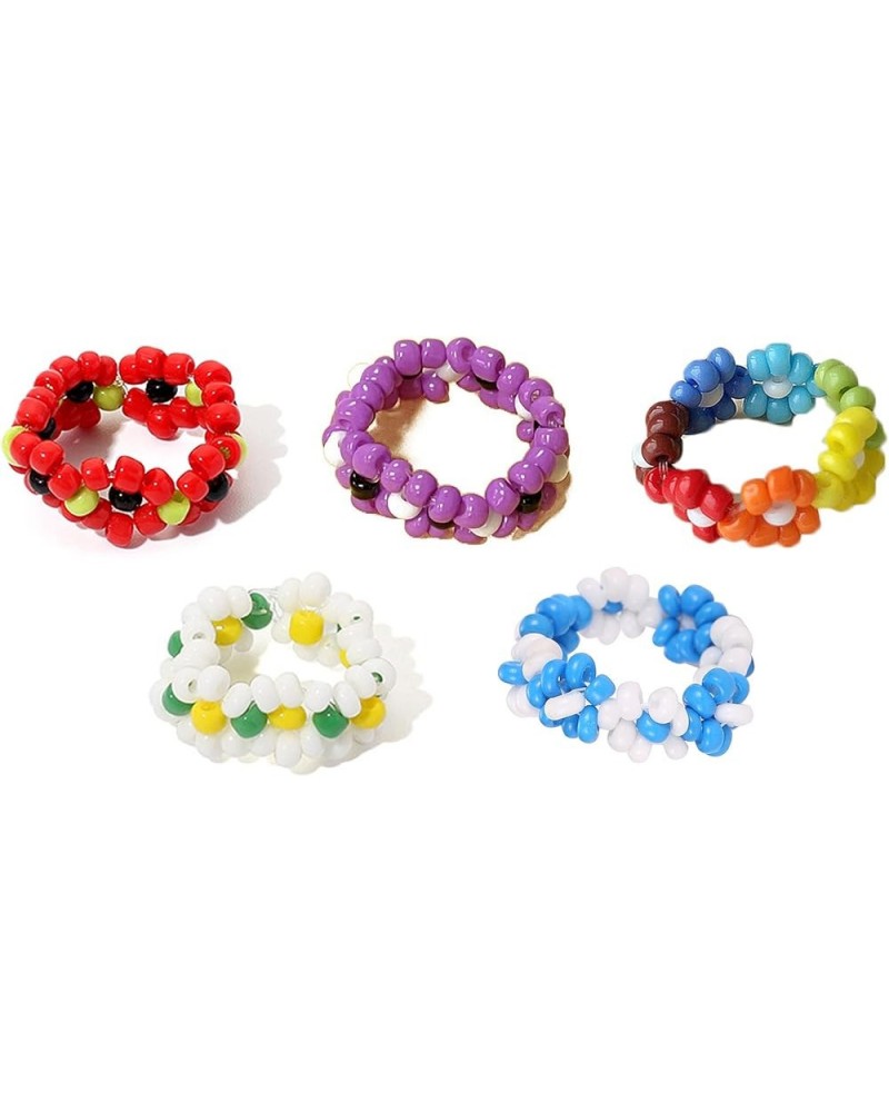 4-6Pcs Handmade Colorful Beaded Flower Stretch Ring Multicolor Seed Daisy Multiple Wildflowers Adjustable Size Elastic Plant ...