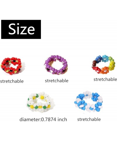 4-6Pcs Handmade Colorful Beaded Flower Stretch Ring Multicolor Seed Daisy Multiple Wildflowers Adjustable Size Elastic Plant ...