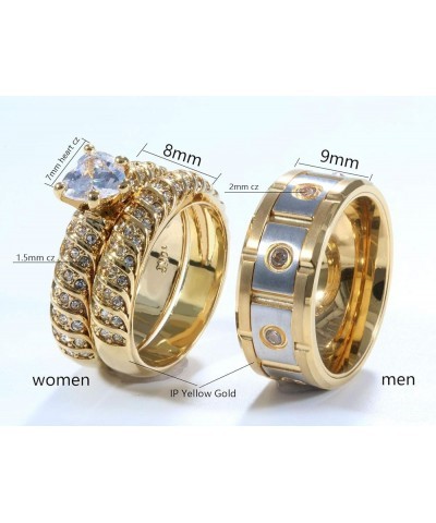 2 Rings Couple Rings Bridal Sets Yellow Gold Plated Heart Cz Womens Wedding Ring Sets Titanium Steel Man Wedding Bands Gold w...