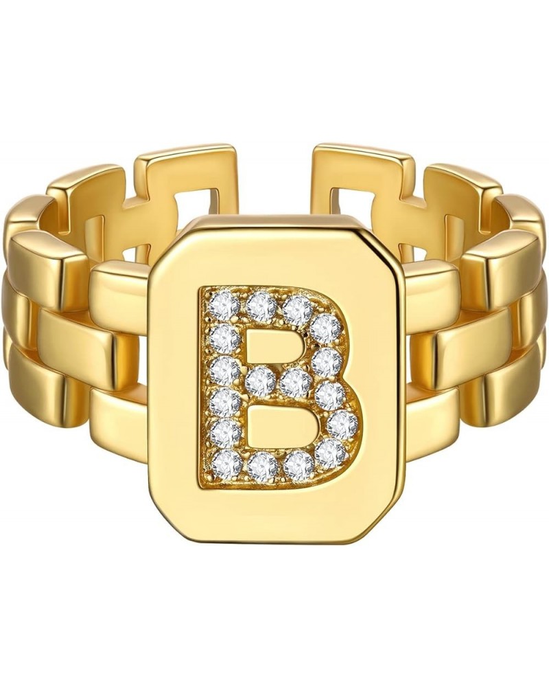 14K Gold Plated Initial Letter Ring for Women Adjustable Crystal Inlaid Alphabet A-Z Stackable Signet Rings B $9.88 Rings