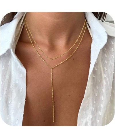 Dainty Gold Necklace for Women, Cute Long Necklace 14K Gold Plated CZ Lips Bead Y Shaped Lariat Necklace Simple Gold Choker N...