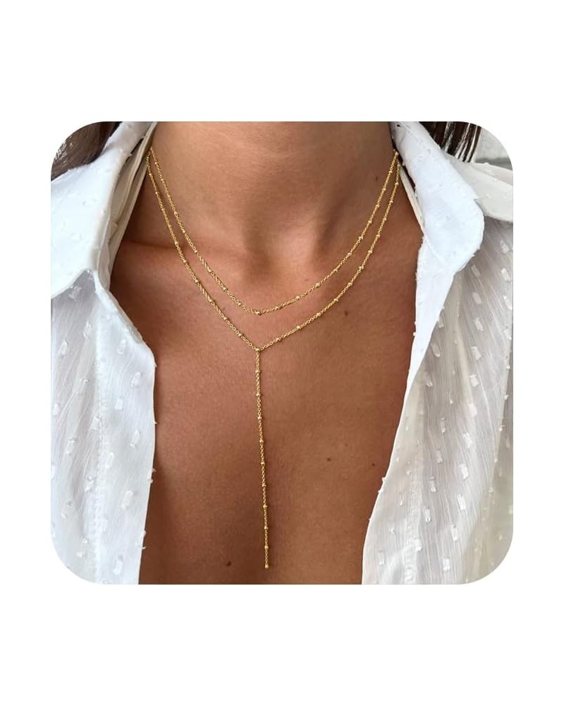 Dainty Gold Necklace for Women, Cute Long Necklace 14K Gold Plated CZ Lips Bead Y Shaped Lariat Necklace Simple Gold Choker N...