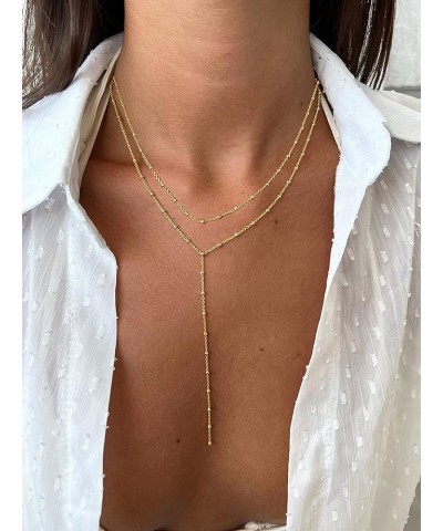 Dainty Gold Necklace for Women, Cute Long Necklace 14K Gold Plated CZ Lips Bead Y Shaped Lariat Necklace Simple Gold Choker N...