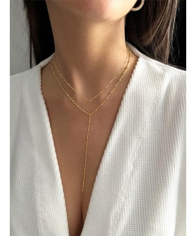 Dainty Gold Necklace for Women, Cute Long Necklace 14K Gold Plated CZ Lips Bead Y Shaped Lariat Necklace Simple Gold Choker N...