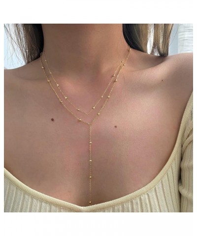 Dainty Gold Necklace for Women, Cute Long Necklace 14K Gold Plated CZ Lips Bead Y Shaped Lariat Necklace Simple Gold Choker N...