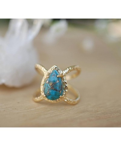 Hot New European and American Luxury Inlays 18K Gold Inlaid Teardrop pear Shaped Turquoise Ring Promise Wedding Jewelry, Clas...