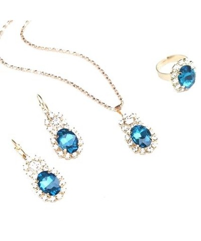 Women Elegant Rhinestone Crystal Pendant Necklace Teardrop Earrings Ring Set Wedding Party Bridal Jewelry(Black) Light Blue $...