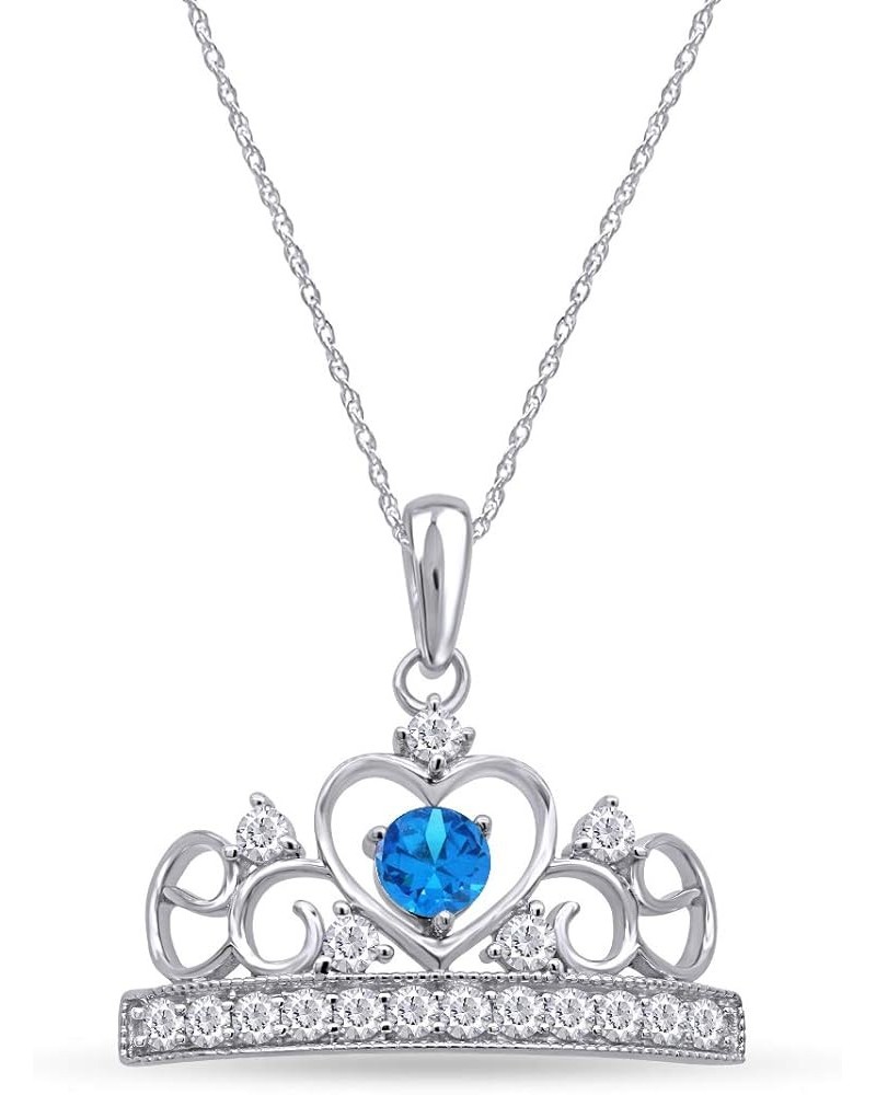 Round Cut Simulated Birthstone & White Cubic Zirconia Heart Crown Pendant Necklace Along with 18" Silver Chain Jewelry for Wo...