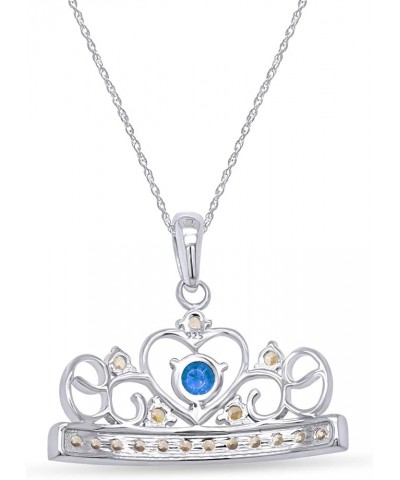 Round Cut Simulated Birthstone & White Cubic Zirconia Heart Crown Pendant Necklace Along with 18" Silver Chain Jewelry for Wo...