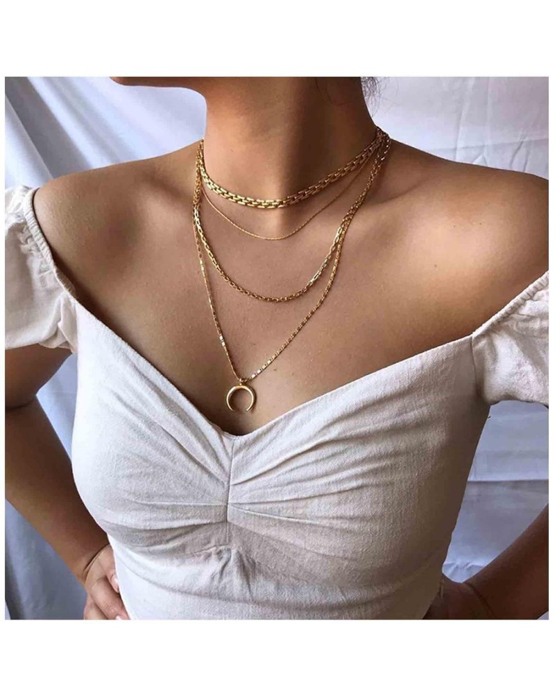 Boho Layered Crescent Moon Necklace Choker Gold Crescent Pendant Necklace Punk Layering Flat Chain Necklace Chic Chunky Chain...