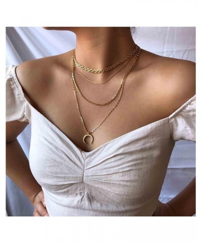 Boho Layered Crescent Moon Necklace Choker Gold Crescent Pendant Necklace Punk Layering Flat Chain Necklace Chic Chunky Chain...