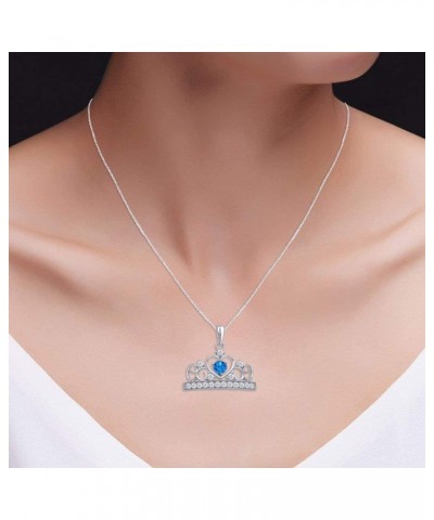 Round Cut Simulated Birthstone & White Cubic Zirconia Heart Crown Pendant Necklace Along with 18" Silver Chain Jewelry for Wo...