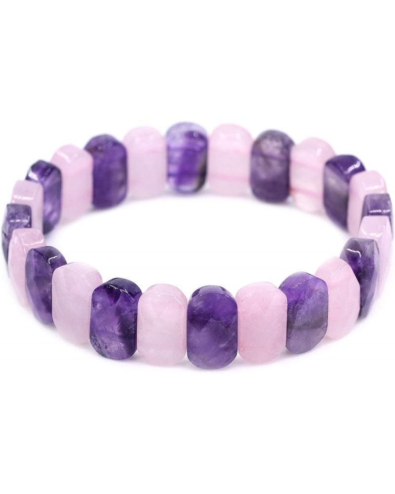 Semi Precious Stones 14mm Faceted Oval Beads Crystal Rock Elastic Bangle 7.5 Inch Purple Amethyst and Pink Crystal $10.79 Bra...