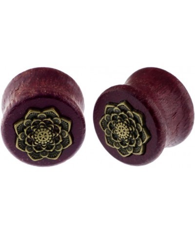 Brass Rose Flower Organic Purpleheart Wood Double Flare Saddle Tunnels Plugs Ear Gauge Stretcher Expander 11/16"-18mm $8.15 B...